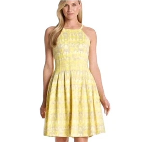 NWT Calvin Klein Womens Size 12 Yellow Tie Dye Scuba/Flair Pleated Dress Stretch - Picture 1 of 13
