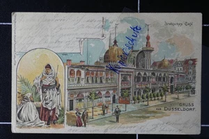 Litho Gruß aus Düsseldorf 1906 gelaufen Arabisches Cafe Gasthaus Rhein Araber - Bild 1 von 2