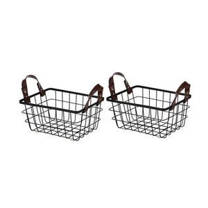 2-Pack Wire Basket Organizers with Faux Leather Handles, Black - Picture 1 of 12