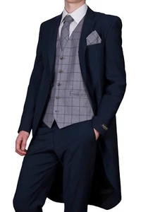 Navy Blue Tailcoat Jacket Slim Fit Morning Tails Royal Ascot Wedding Plain - Picture 1 of 4