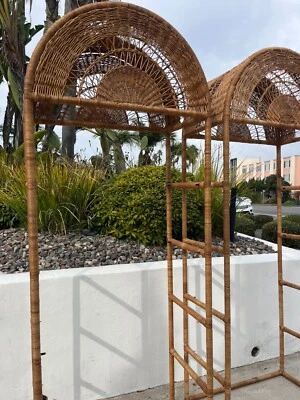 1970s Boho Arched Wicker Rattan Etagere Bookshelf Glass Display Room Divider - Image 1 of 4