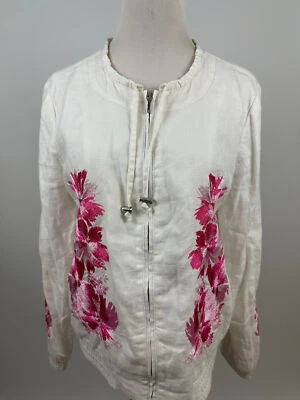 INC белый льняной розовый цветочный вышитый полный молнии куртка карманы женщин M - Изображение 1 из 4