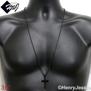 30"MEN Stainless Steel 3mm Black Plated Rope Necklace Plain Cross Pendant*BP29 - Picture 1 of 5