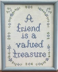 Vtg Framed Completed Cross Stitch A Friend Is A Valued Treasure 12”x9.5” Rustic - Picture 1 of 7