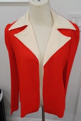 Red 70s Disco Glam Blazer Big Contrast Collar Puff Sleeves Open Front Jacket S-M - Image 1 of 4