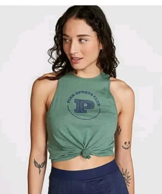 Camiseta sin mangas Victoria's Secret ROSA de algodón recortada espalda cruzada verde bosque fresco - XS Foto 1 de 2