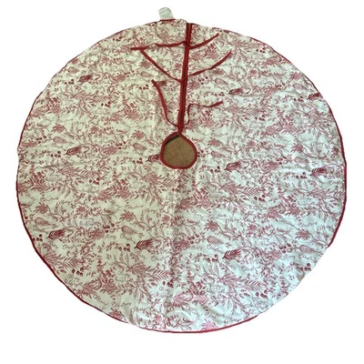 "Falda de árbol de Navidad con estampado de toile roja y blanca FELIZ Y BRILLANTE objetivo grande 50"" FS" Foto 1 de 4