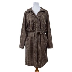 Vintage Silhouettes Damen 22 braun gold kariert Rüschen Prärie Hemd Kleid 70er 80er - Bild 1 von 7