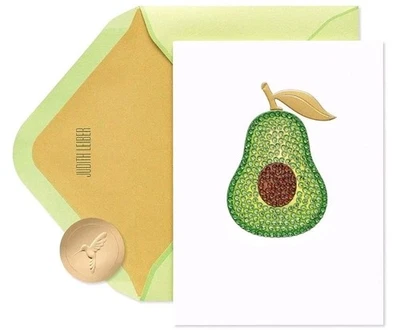 Tarjeta de papiro Judith Leiber con joyas con aguacate 🥑 interior en blanco  Foto 1 de 4