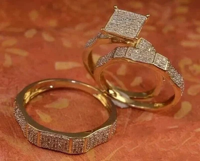 14k Yellow Gold Over Round Cut Diamond 2.1Ct Lab-Created Wedding Trio Ring Set - Image 1 of 4