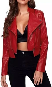 New Women's Red Short Biker leather Jacket| Genuine Sheepskin Leather Jacket L. - Picture 1 of 7