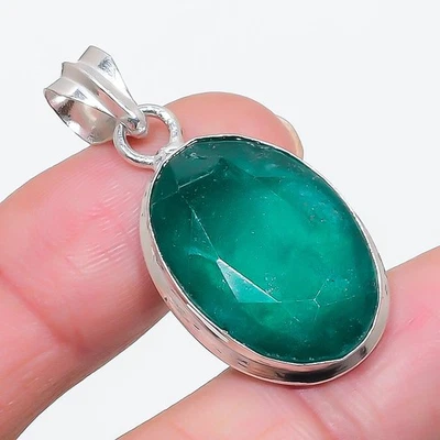Emerald(Simulated) Gemstone 925 Sterling Silver Jewelry Pendant 1.58" r637 - Image 1 of 2