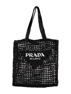 PRADA Black White Logo Embroidered Open Crochet Woven Raffia Tote Bag Purse - Picture 1 of 8