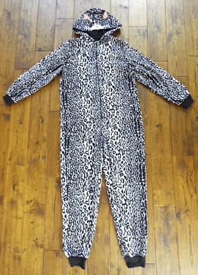 Nick & Nora Hooded Black 1-Piece Leopard Pajamas Womens Cat Bodysuit Size Small - Image 1 of 4