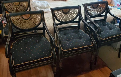 Four Cane Back Paint Decorated Open Arm Regency Chairs Oriental Look Cover