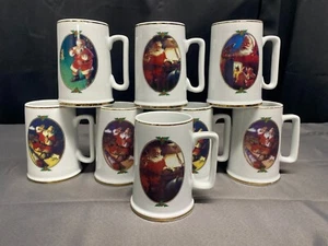 Set of 8 (4 designs) Coca Cola "SANTA / CHRISTMAS" Mugs Gold Trim ~ 4 1/2" Tall - Picture 1 of 12
