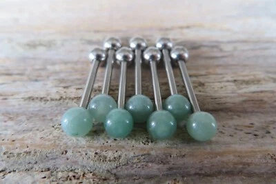 Green Aventurine Stone Surgical Steel Barbell Tongue Ring 14G (1.6mm) Piercing - Image 1 of 4