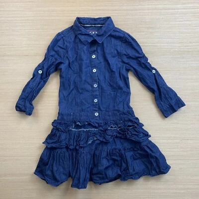 Guess 1981 Girls Small 7/8 Blue A-Line Dress Long Sleeve Button Up Casual Ruffle - Image 1 of 4
