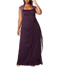 XSCAPE Women's Ruched Lace Gown Purple Size Petite Small
