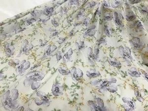 Lavender Floral Green Leaf Printing Soft Chiffon Gold Eyelet Dress Fabric 1 Yard - Picture 1 of 8