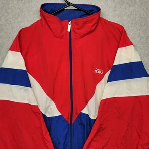 Chaqueta cortavientos vintage Asics Color Block cremallera completa logotipo de EE. UU. roja blanca azul XL - Imagen 1 de 12