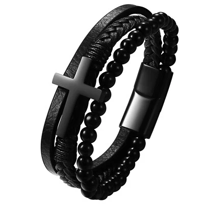 Cross Multi Layer Leather Stainless Steel Mens Beaded Bracelet Magnetic Clasp - Image 1 of 4