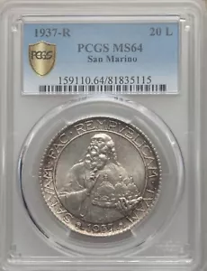 SAN MARINO 1937-R 20 LIRE SILVER COIN, CHOICE UNCIRCULATED, PCGS CERTIFIED MS64 - Picture 1 of 4