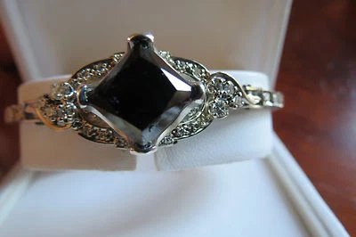 Estate Huge 10 ct Black Diamond Solitaire and 14k white gold bracelet bangle 6.3 Foto 1 de 4