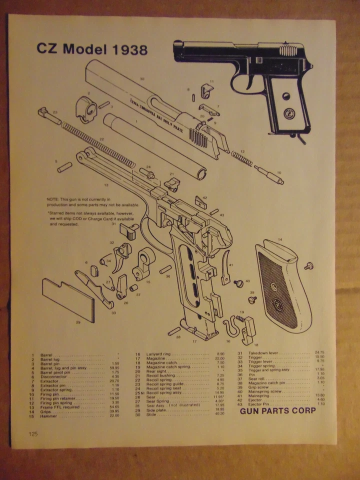 Diagrama de montaje de autopartes modelo CZ 1938 catálogo anuncio impreso años 90 Foto 1 de 1