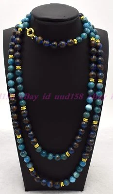 Collar largo 50" gemas azules naturales de 8 mm con cuarzo en cuentas de pirita y apatita Foto 1 de 3