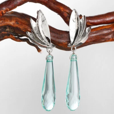 Special Teardrop Sky Blue Topaz Gems Silver Flower Hook Dangle Earrings Women - Image 1 of 4