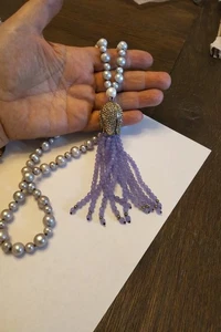 Real grey pearl tassel necklace with purple glass and tulip shape fixed pendant - Picture 1 of 6