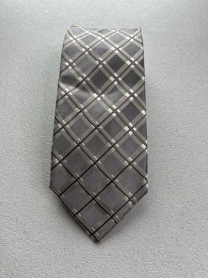 Corbata hecha a mano Geoffrey Beene gris, patrón a cuadros tostado 100 % seda nueva sin etiquetas Foto 1 de 4