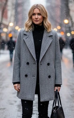 Herman Kay Wool Petite SZ 10 Herringbone Double Breasted Coat Jacket EPC - Image 1 of 4