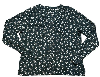 Blusa para mujer Orvis grande de algodón verde oscuro con botones blanca con estampado floral Foto 1 de 4