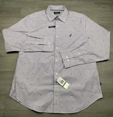 Nautica NWT Purple Stripe Dress Shirt LRG Classic Fit NauticaFlex NEW - 17 34/35 - Image 1 of 4