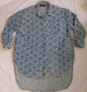 Akira Denim Jacket Long Oversized Fringe Hi Lo Boho Women's Size M - Picture 1 of 13