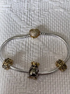 Pandora Schlangenkette Bettelarmband mit zweifarbigem Pinguin Charm Größe 7,5 Zoll - Bild 1 von 7