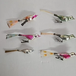 VTG Set of 6 Mercury Glass Birds w/brush tails - Clip-On Xmas Ornaments - Bild 1 von 10
