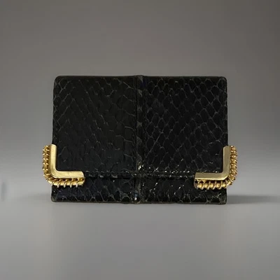 RARO Billetera de Colección Judith Lieberman Mini Compacta Serpiente/Cuero con Borde Ornamentado Foto 1 de 4