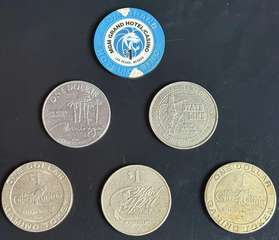 LOT OF 5 CASINO TOKENS MIRAGE, MGM GRAND, STATE LINE CASINO & ISLE OF CAPRI - Image 1 of 4