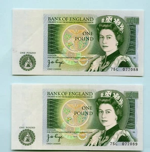 Pair of Bank of England One pound £1 Banknotes 1978 Signature Page Prefix 75C - Picture 1 of 2