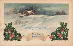 Postcard Antique 1921 New Year Greeting Embossed Winter Farm Scene With Holly - Picture 1 of 2
