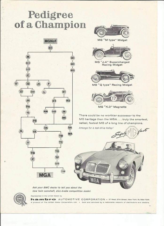 Anuncio impreso original 1958 MG MGA vintage: "Pedigree of a Champion".  British Motor Foto 1 de 1