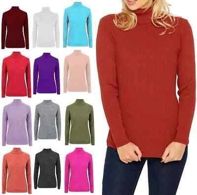 Women Ladies Ribbed Stretch Polo Turtle Neck Rib Top Jumper UK Size S/M M/L