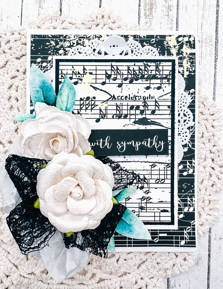 Handmade Music Notes Black & White Floral WITH SYMPATHY Greeting Card - Image 1 of 1