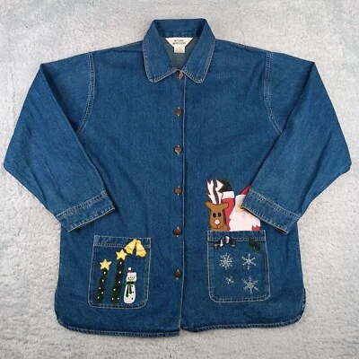 Top Mujer Natural Impressions Grande Azul Navidad Bordado con Botones Denim Foto 1 de 4