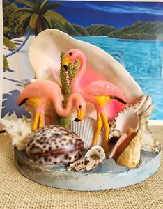 🌴🦩 Vintage 'Old Miami' Flamingo Shell Tropical plaster base Nightlight Lamp - Picture 1 of 14