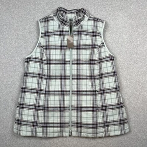 J Jill Puffer Vest XL Jade Multi Plaid Curved Hem Flannel Fleece Lined NWT - Picture 1 of 13
