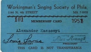 Vintage 1958 Workingmans Singing Society of Phila Blue Mitgliedskarte - Bild 1 von 3